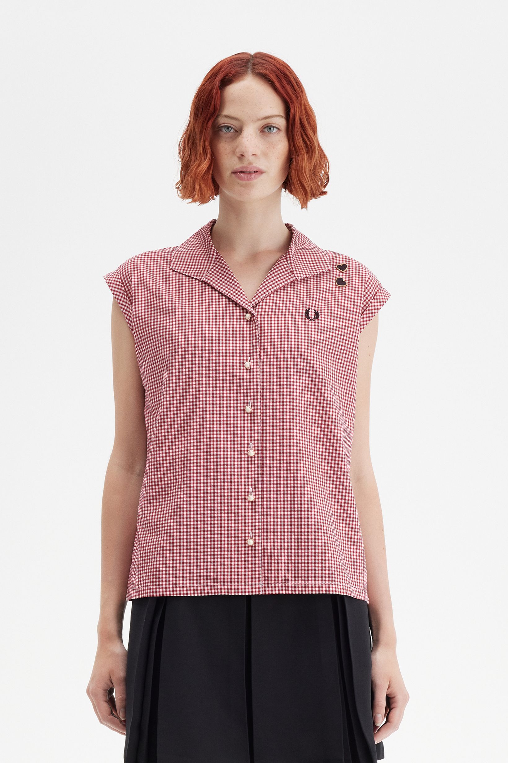 Fred Perry Amy Winehouse Open Collar Gingham Shirt in Burnt Red