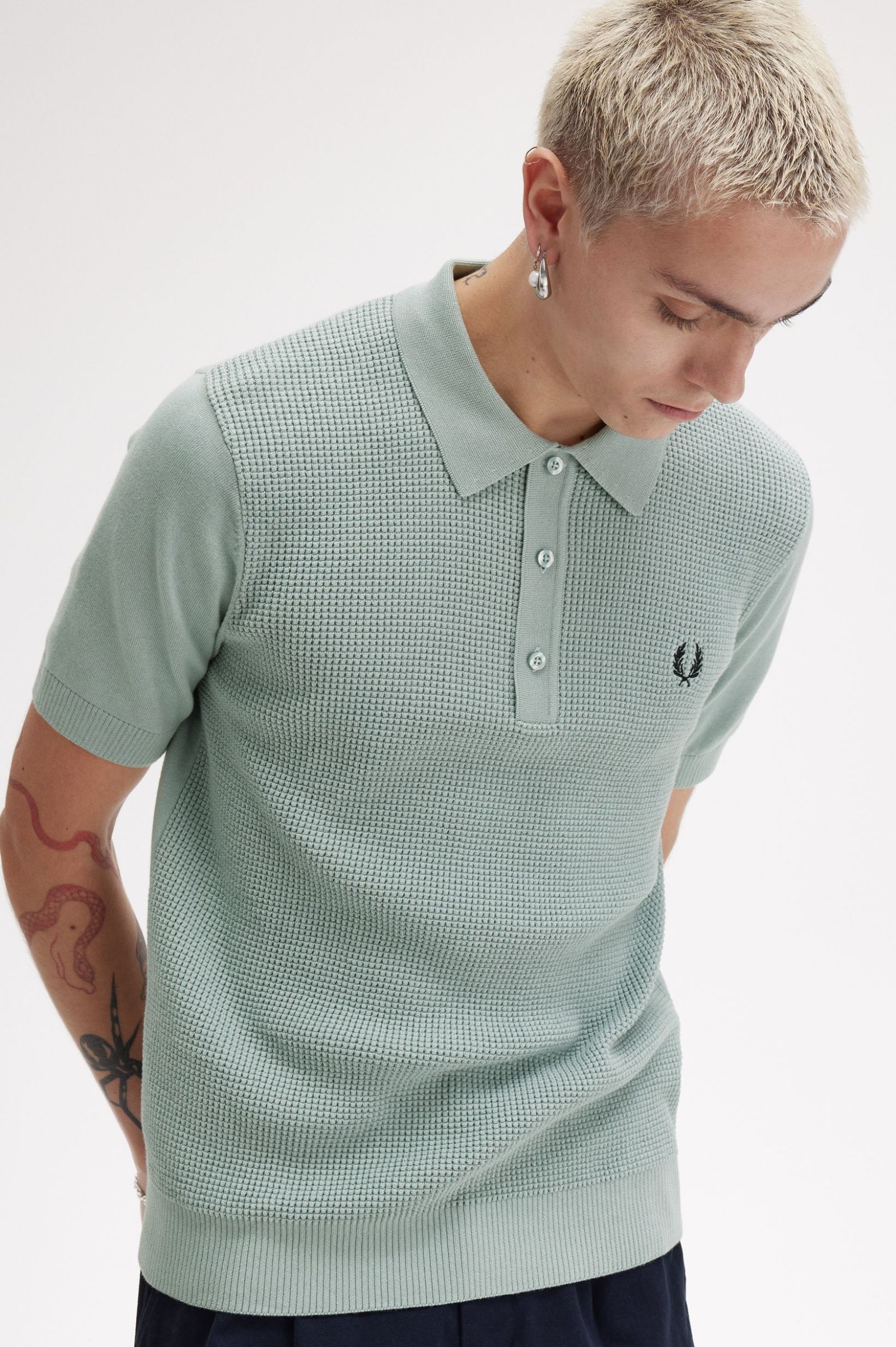 Fred Perry  Waffle Stitch Knitted Shirt in Silver Blue