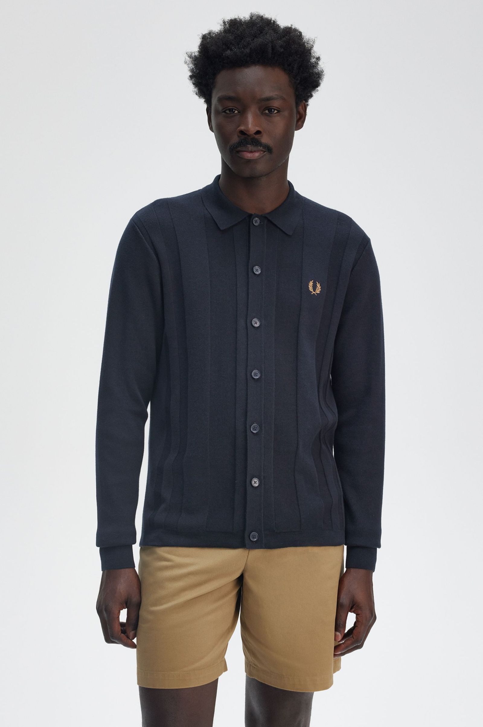 Fred Perry Button Trough Knitted Shirt in Navy