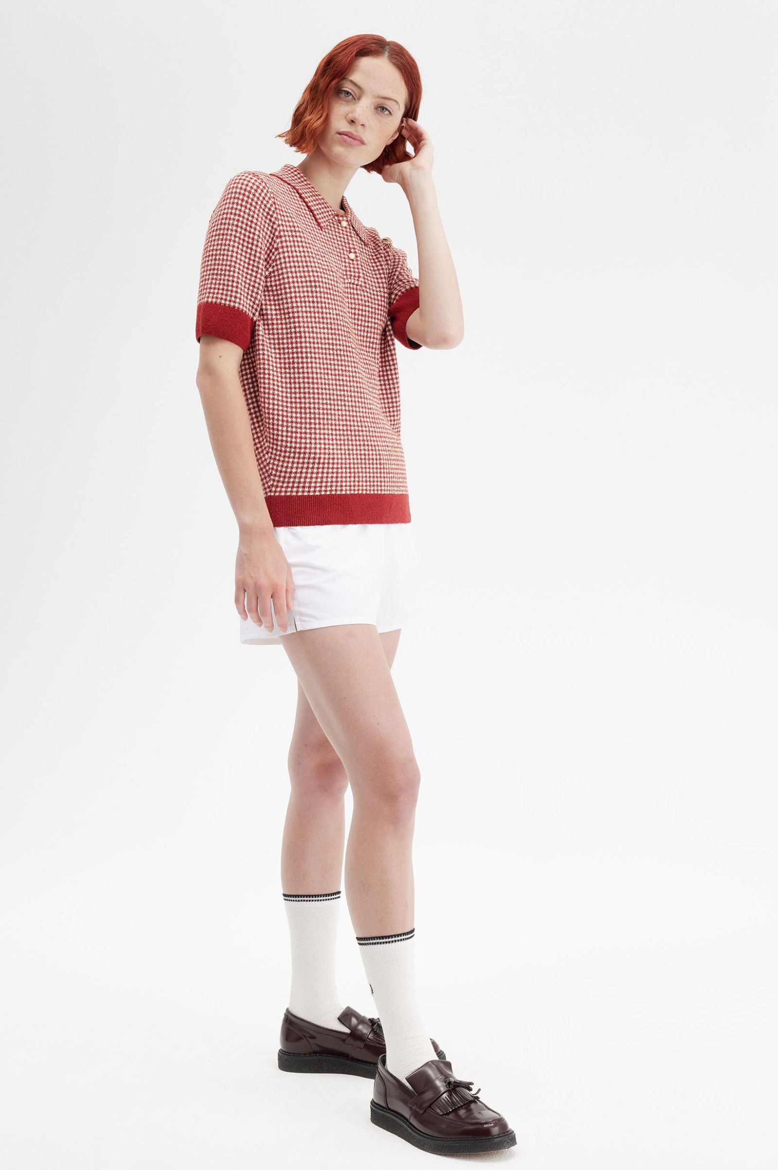 Fred Perry Gingham Knitted Shirt in Burnt Red