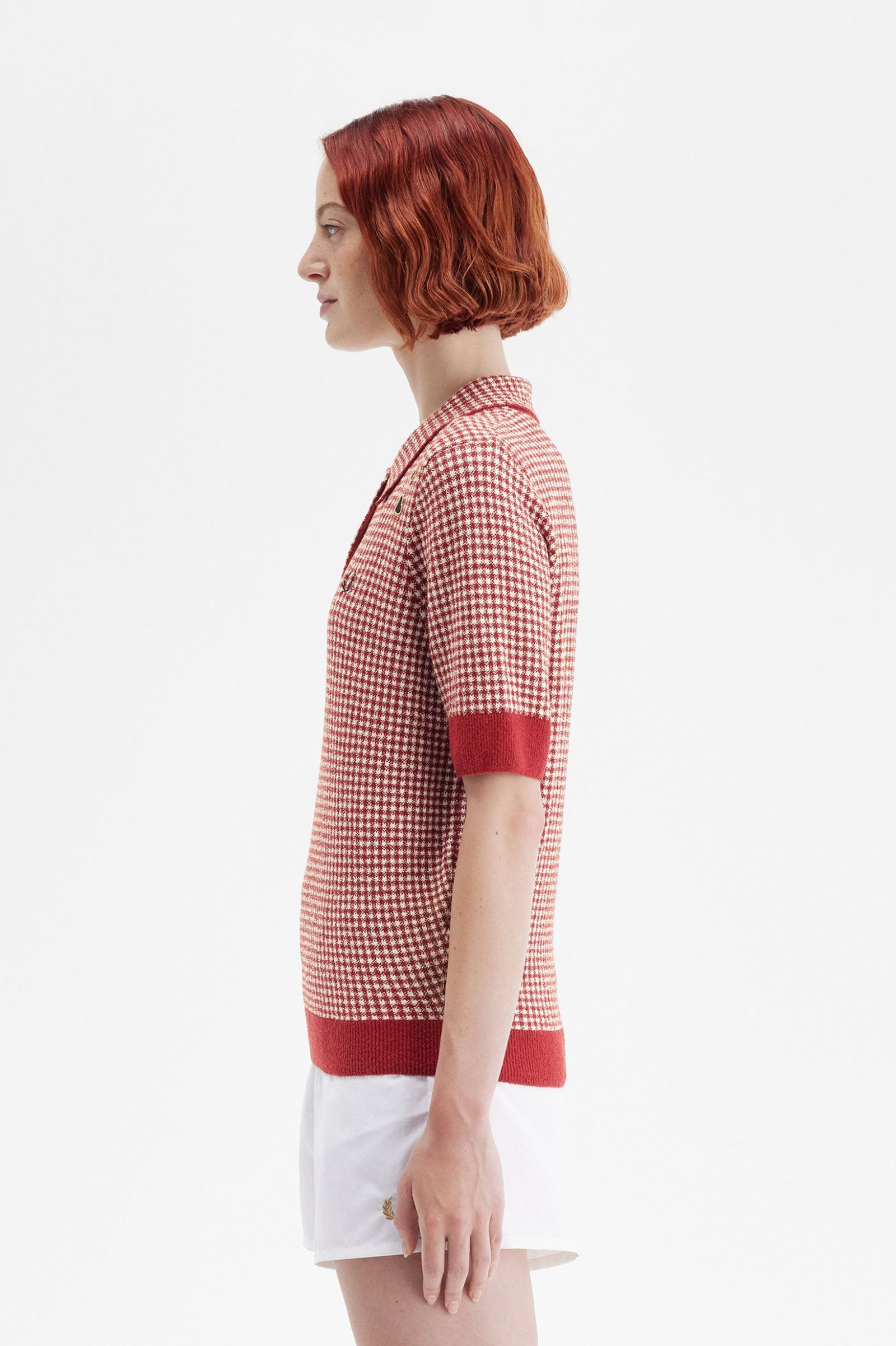 Fred Perry Gingham Knitted Shirt in Burnt Red