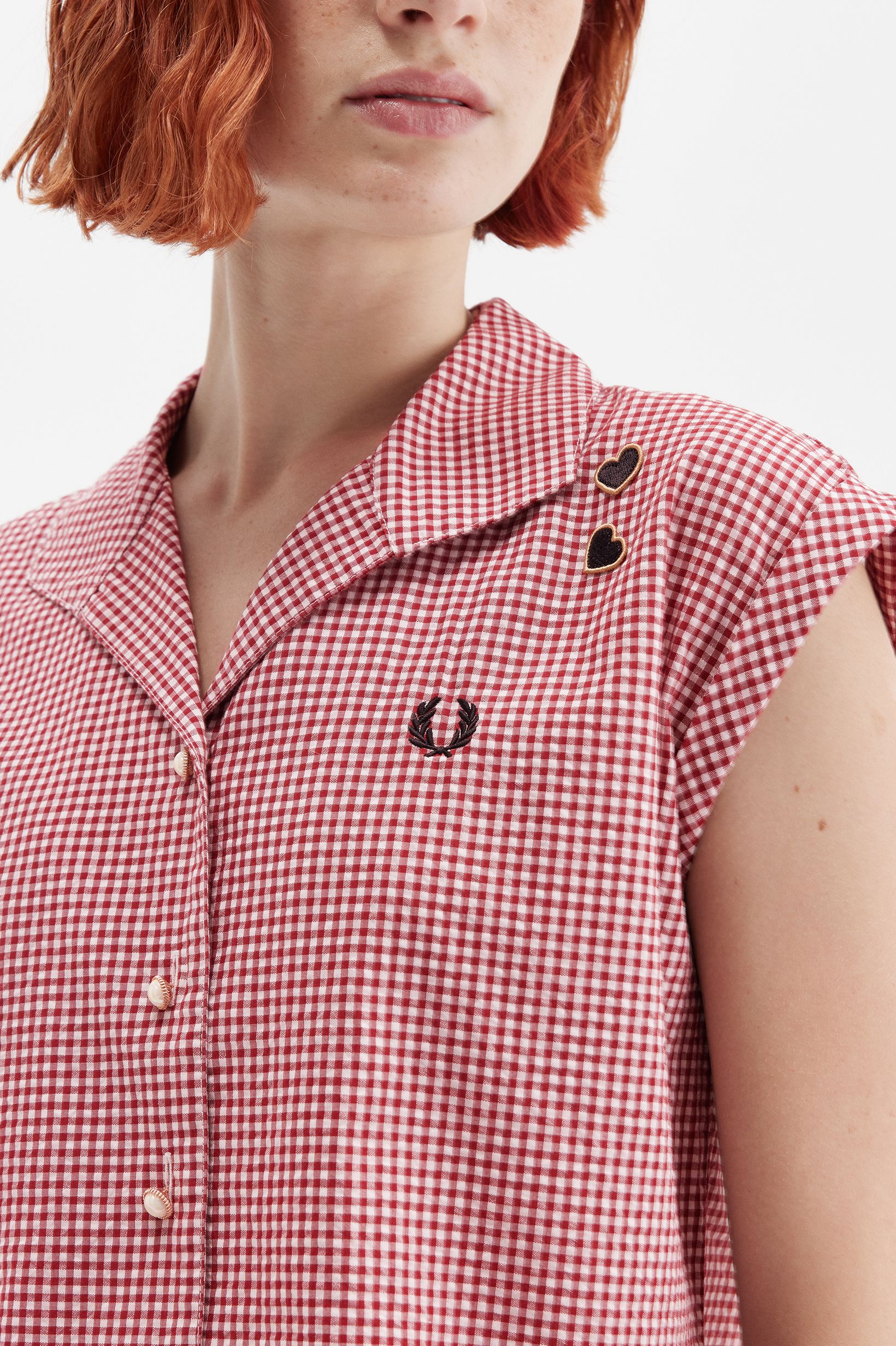 Fred Perry Amy Winehouse Open Collar Gingham Shirt in Burnt Red