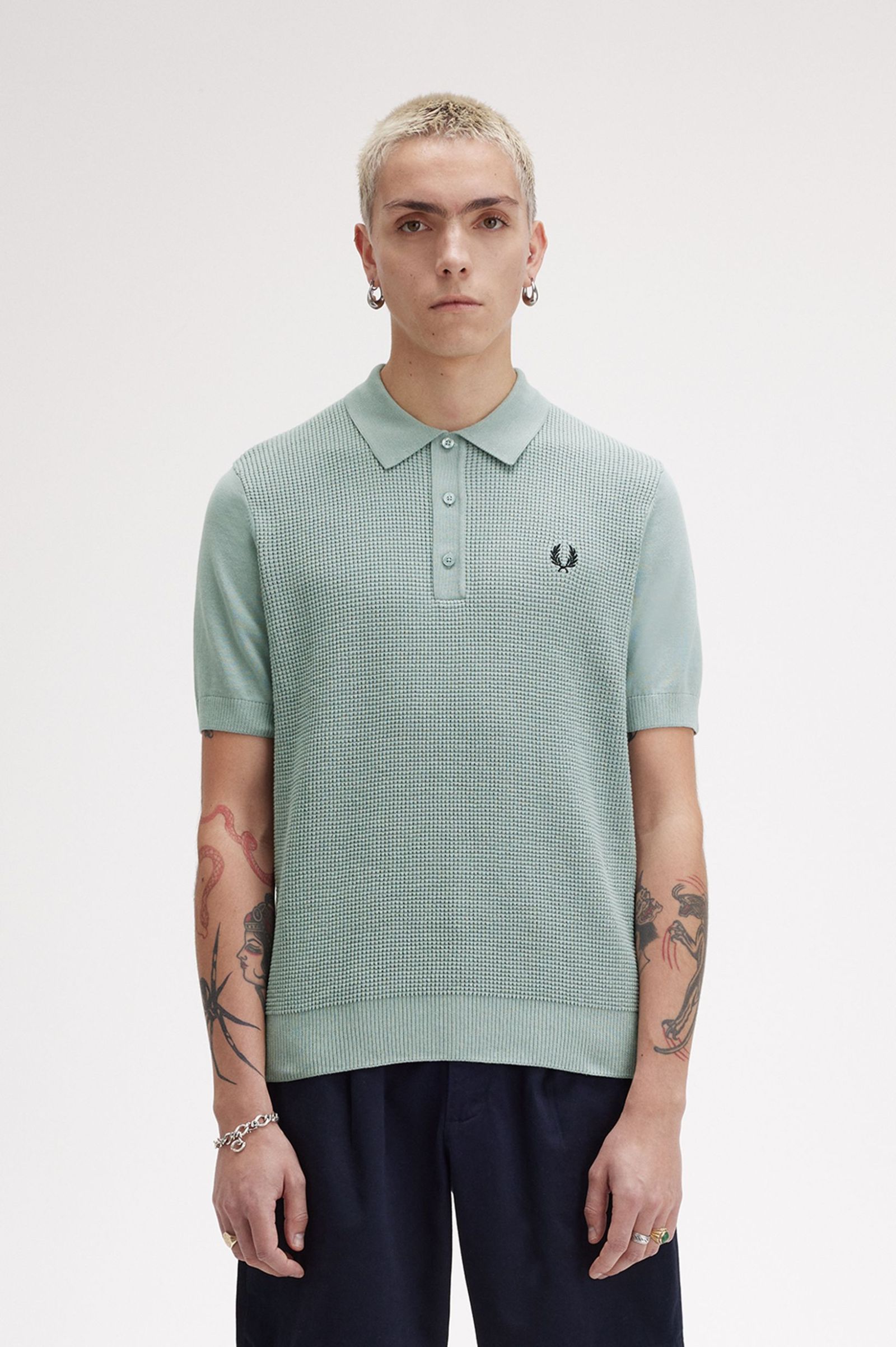 Fred Perry  Waffle Stitch Knitted Shirt in Silver Blue