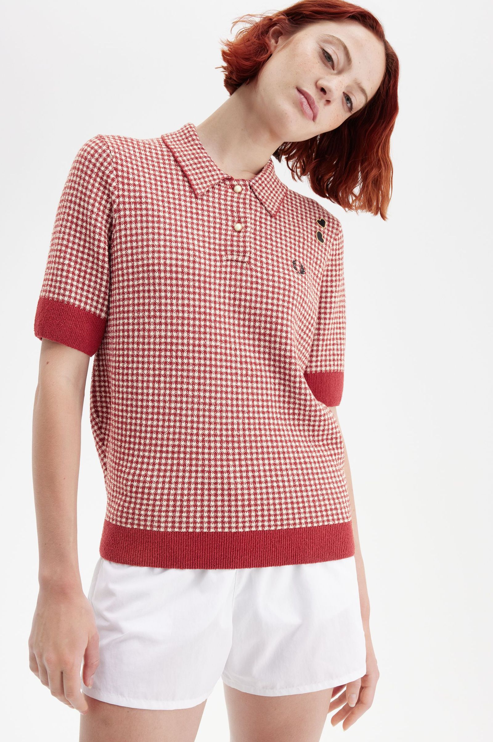 Fred Perry Gingham Knitted Shirt in Burnt Red