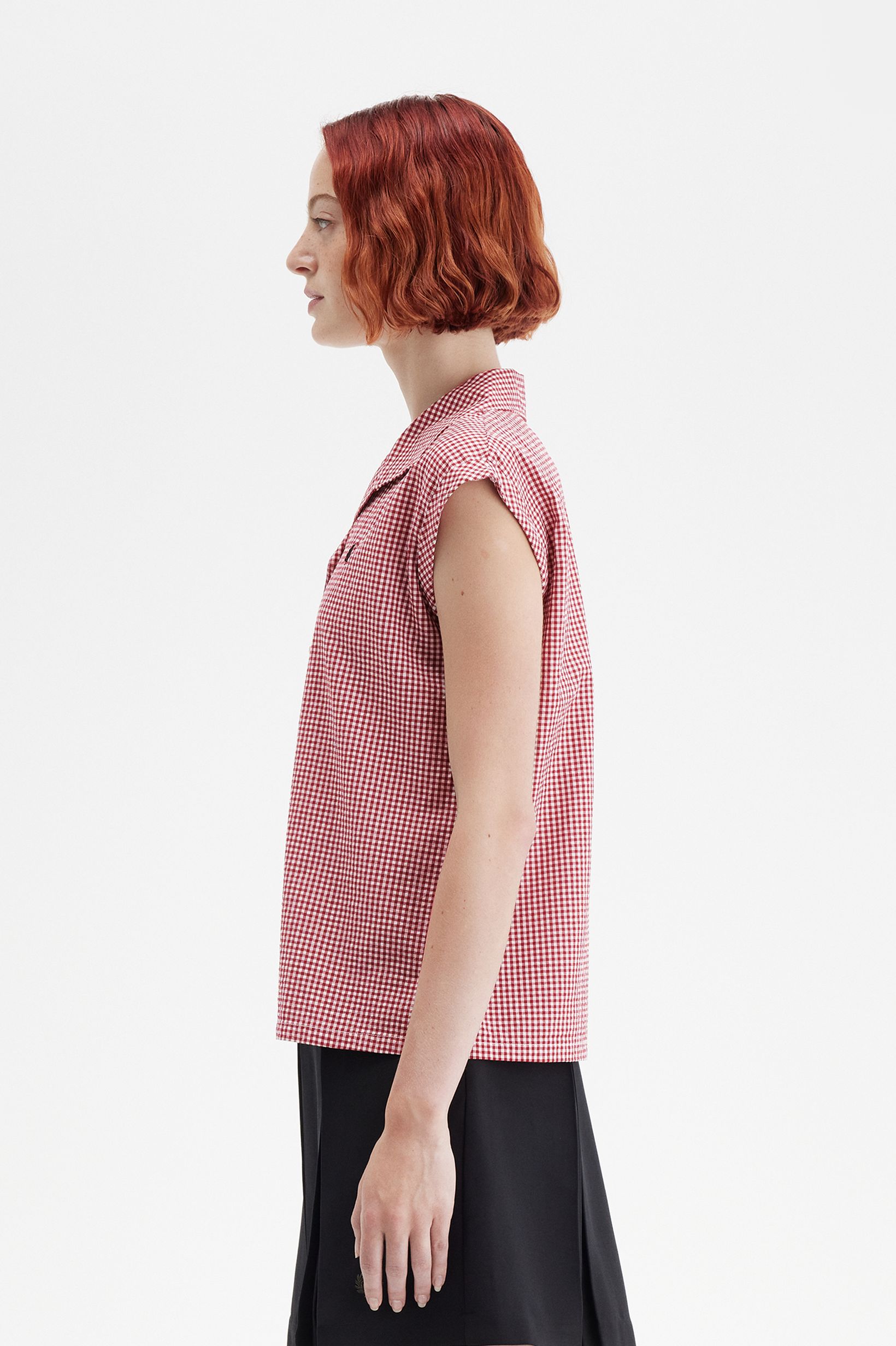 Fred Perry Amy Winehouse Open Collar Gingham Shirt in Burnt Red