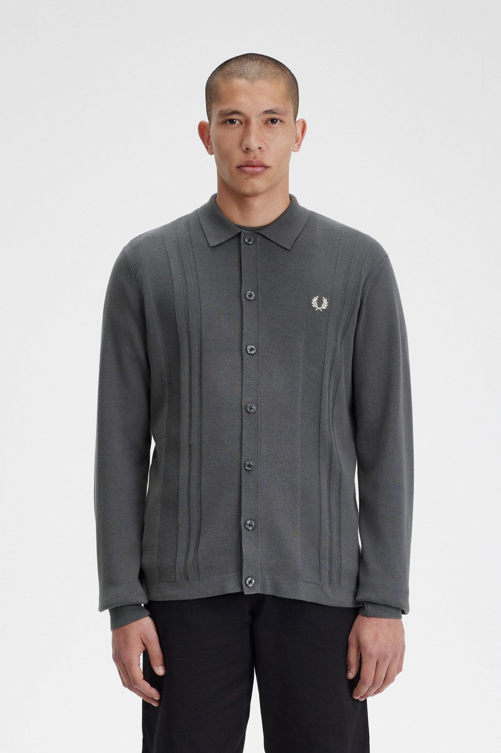 Fred Perry Button Through Knitted Shirt in Field Green