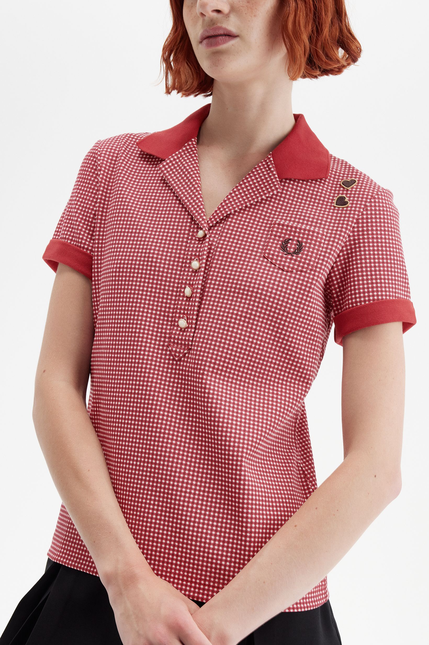 Fred Perry Amy Winehouse Gingham Print Polo Shirt in Burnt Red