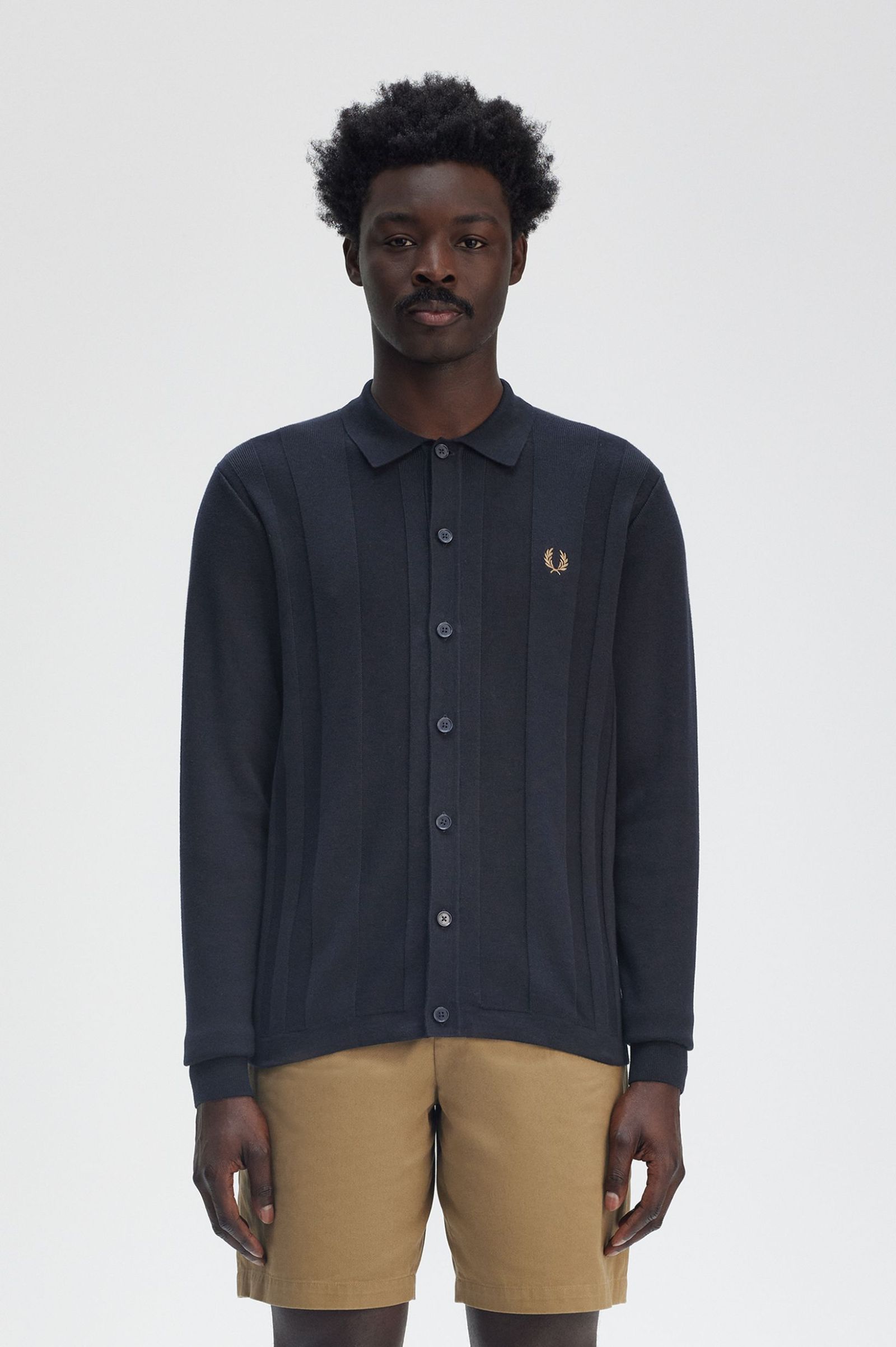 Fred Perry Button Trough Knitted Shirt in Navy