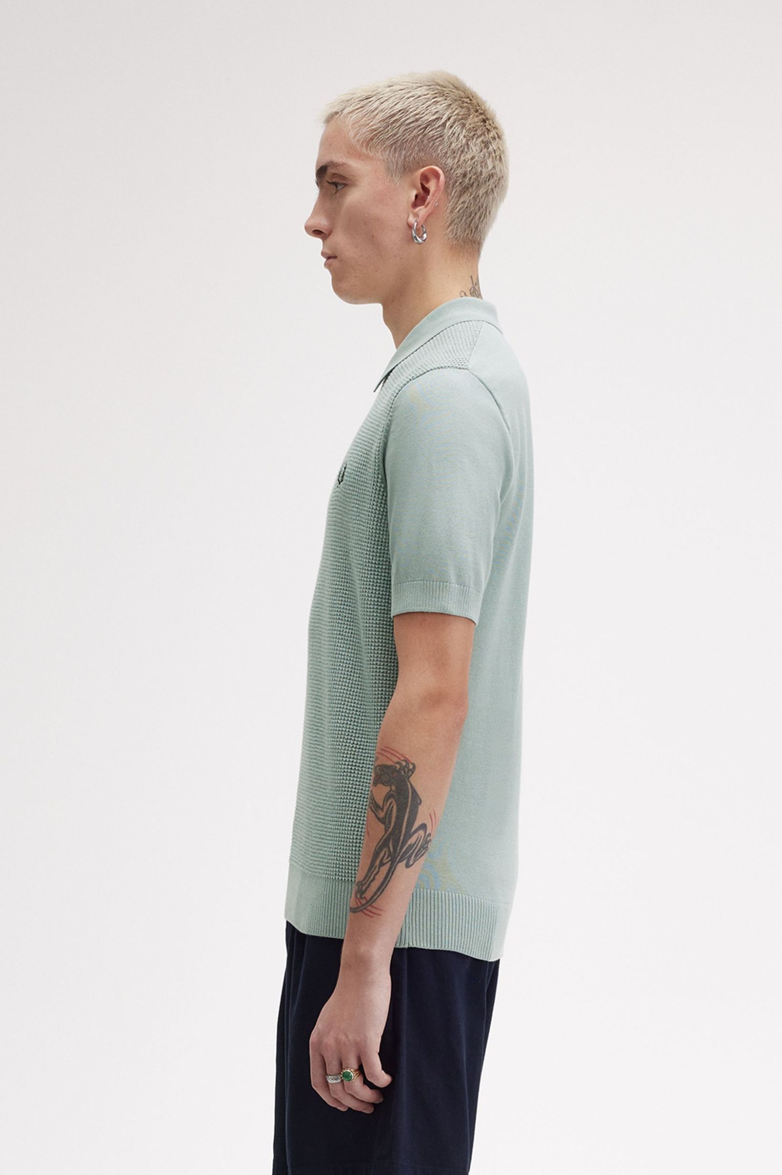 Fred Perry  Waffle Stitch Knitted Shirt in Silver Blue