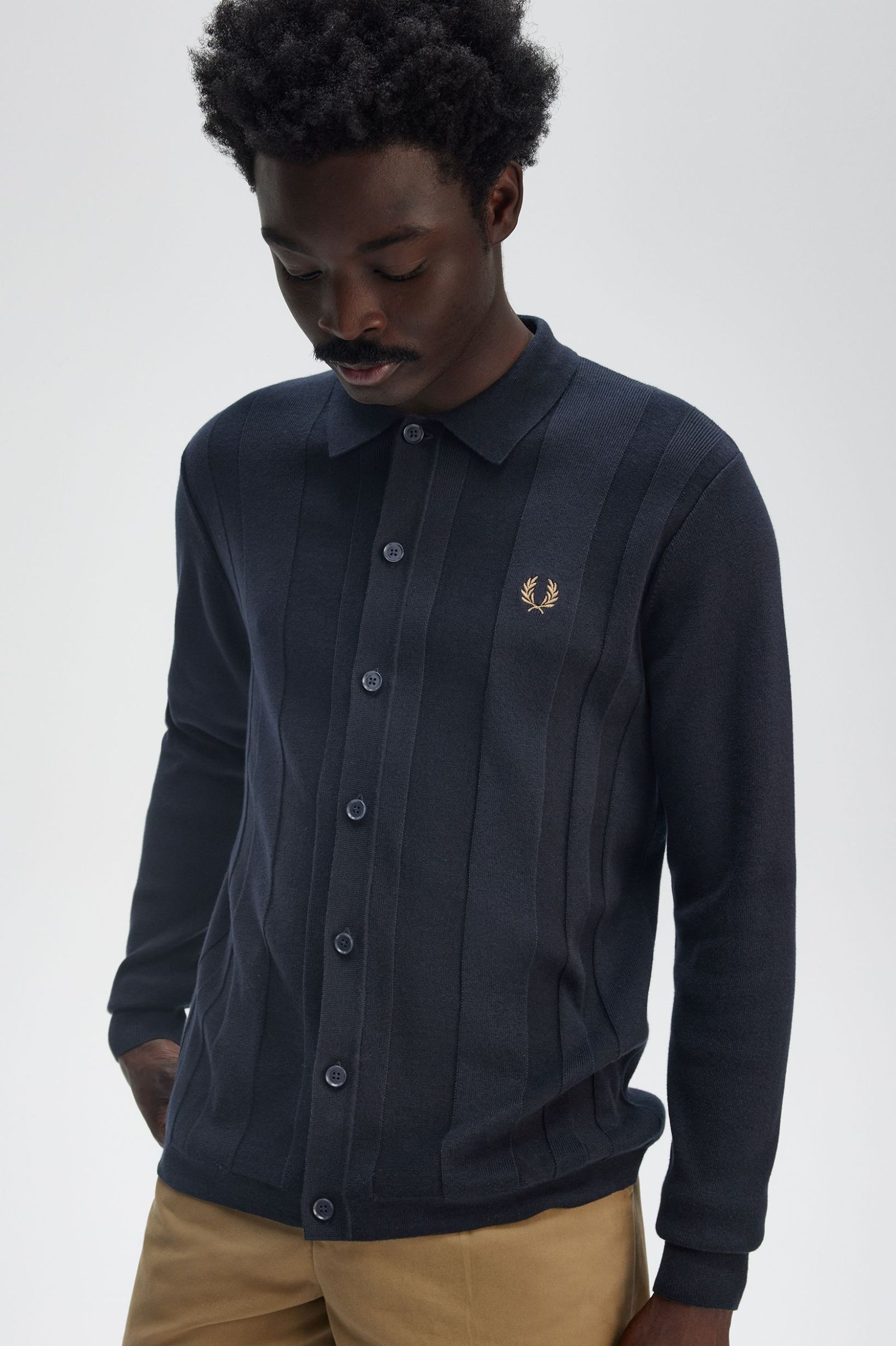 Fred Perry Button Trough Knitted Shirt in Navy