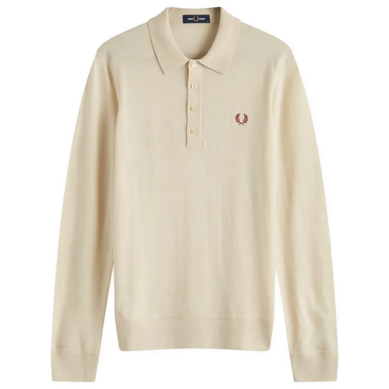 Fred Perry Fine knit Long  Sleeve Polo Shirt in Oatmeal