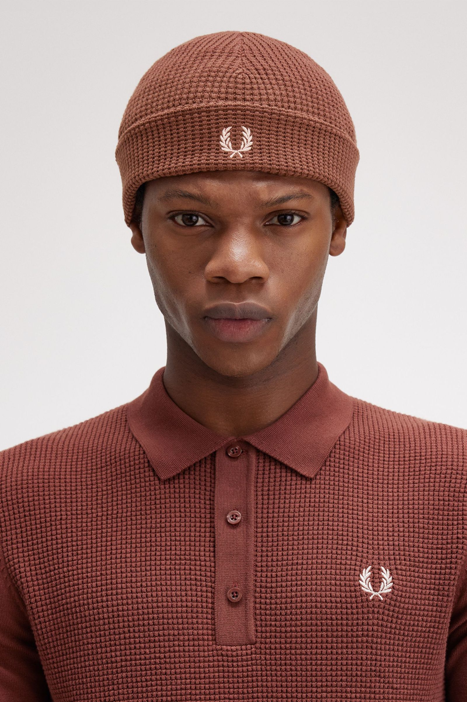 Fred Perry Waffle Knit Beanie in Whiskey Brown 