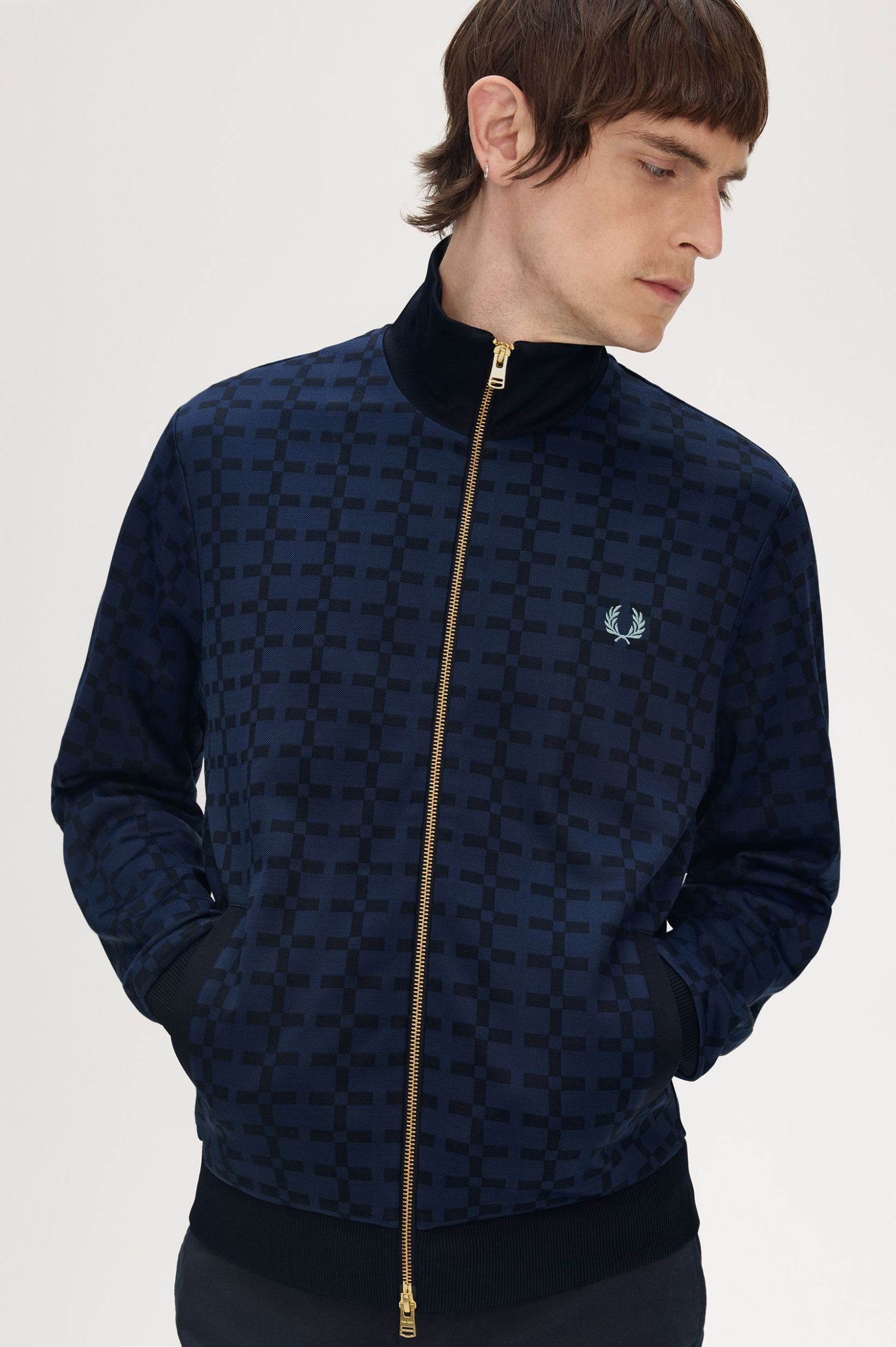 Fred Perry Geometric Jacquard Track Jacket in Navy