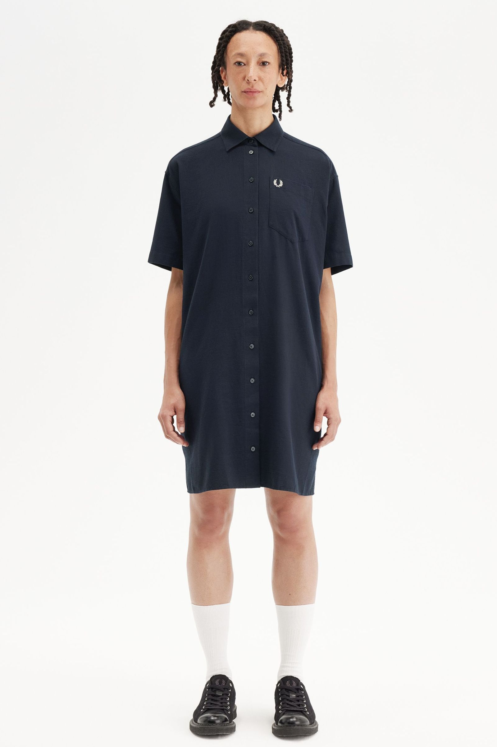 Fred Perry Seersucker Shirt Dress in Navy