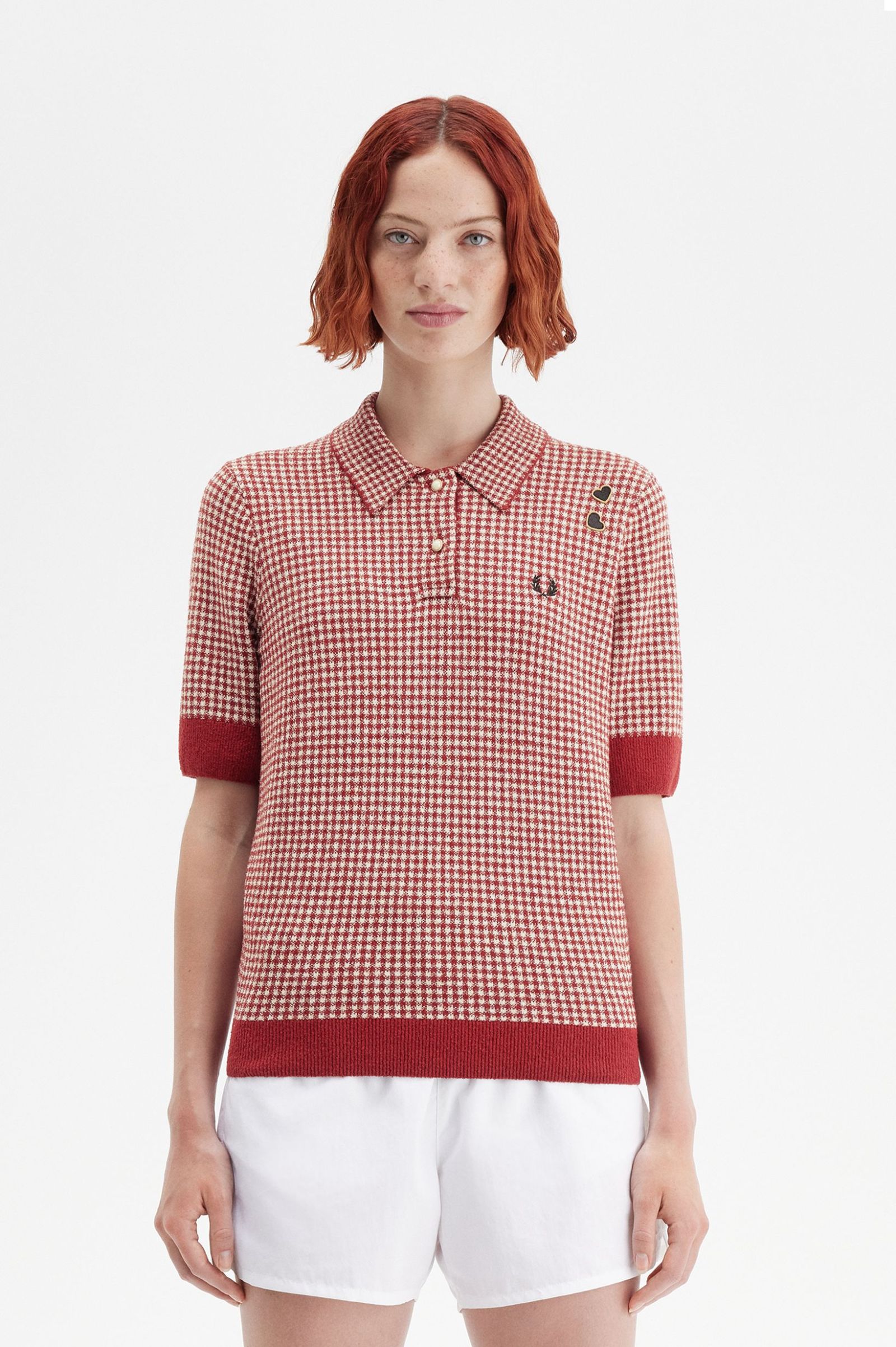 Fred Perry Gingham Knitted Shirt in Burnt Red