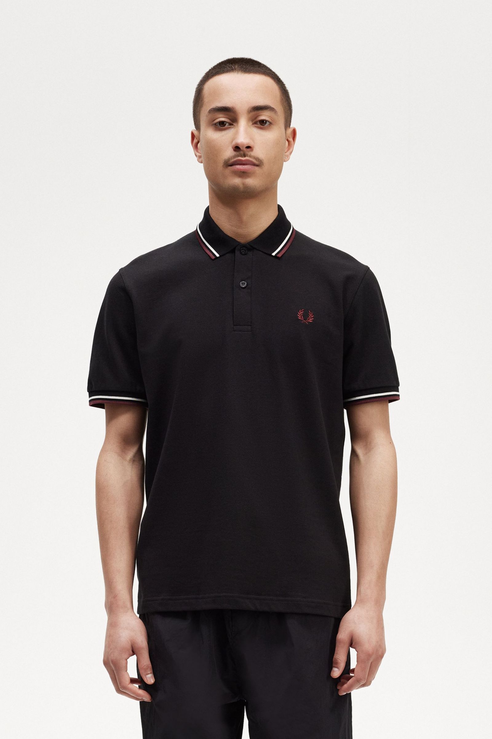 Fred Perry Made in England M12 Twin Tipped Shirt in Black/Ecru/Oxblood