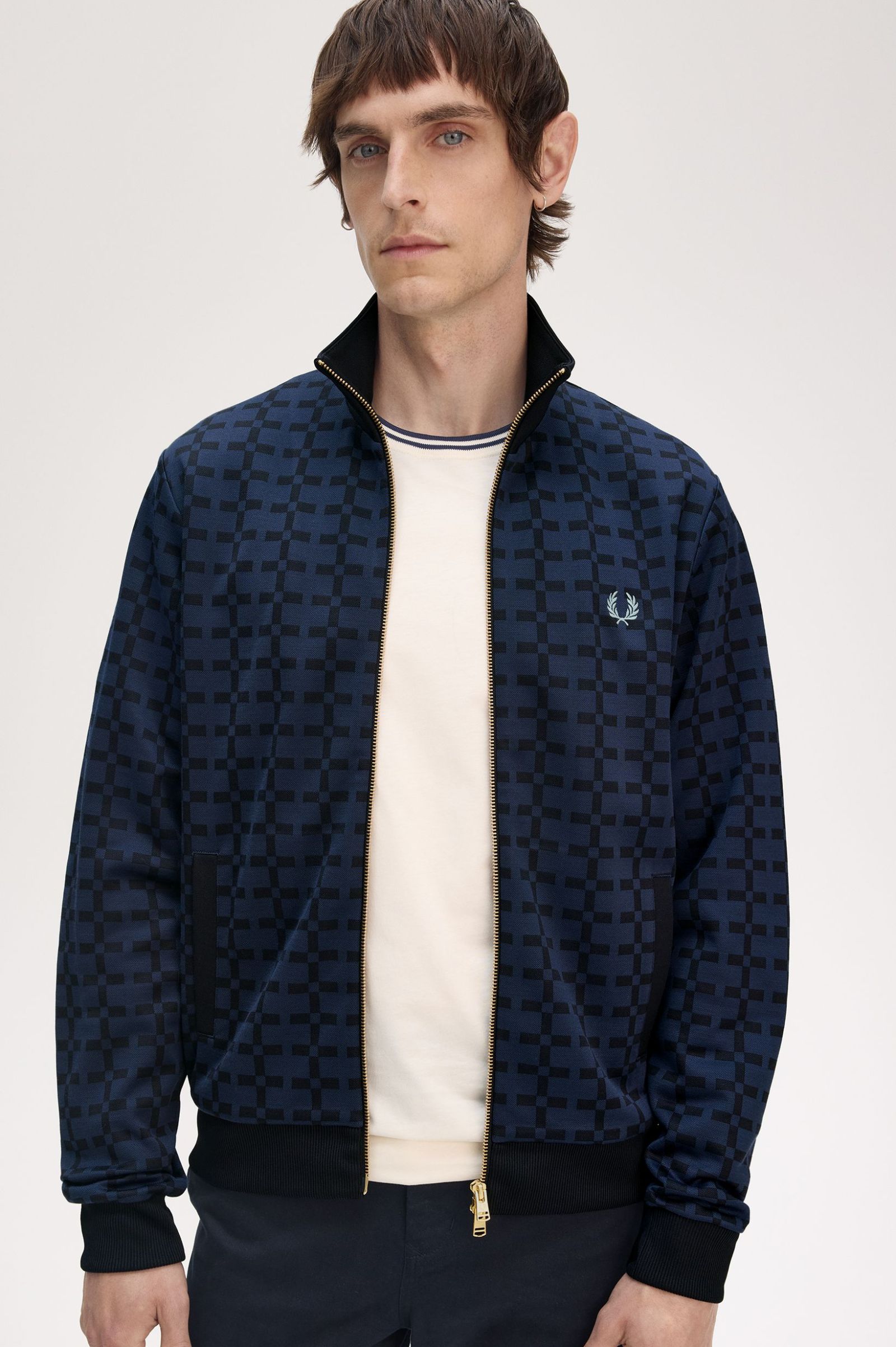 Fred Perry Geometric Jacquard Track Jacket in Navy