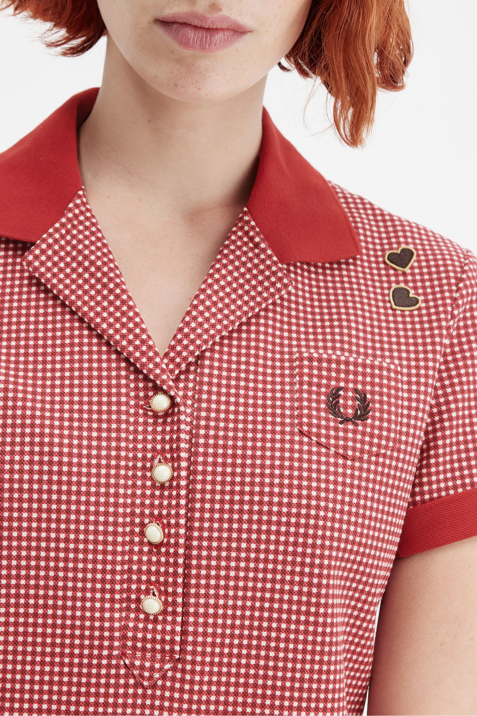 Fred Perry Amy Winehouse Gingham Print Polo Shirt in Burnt Red