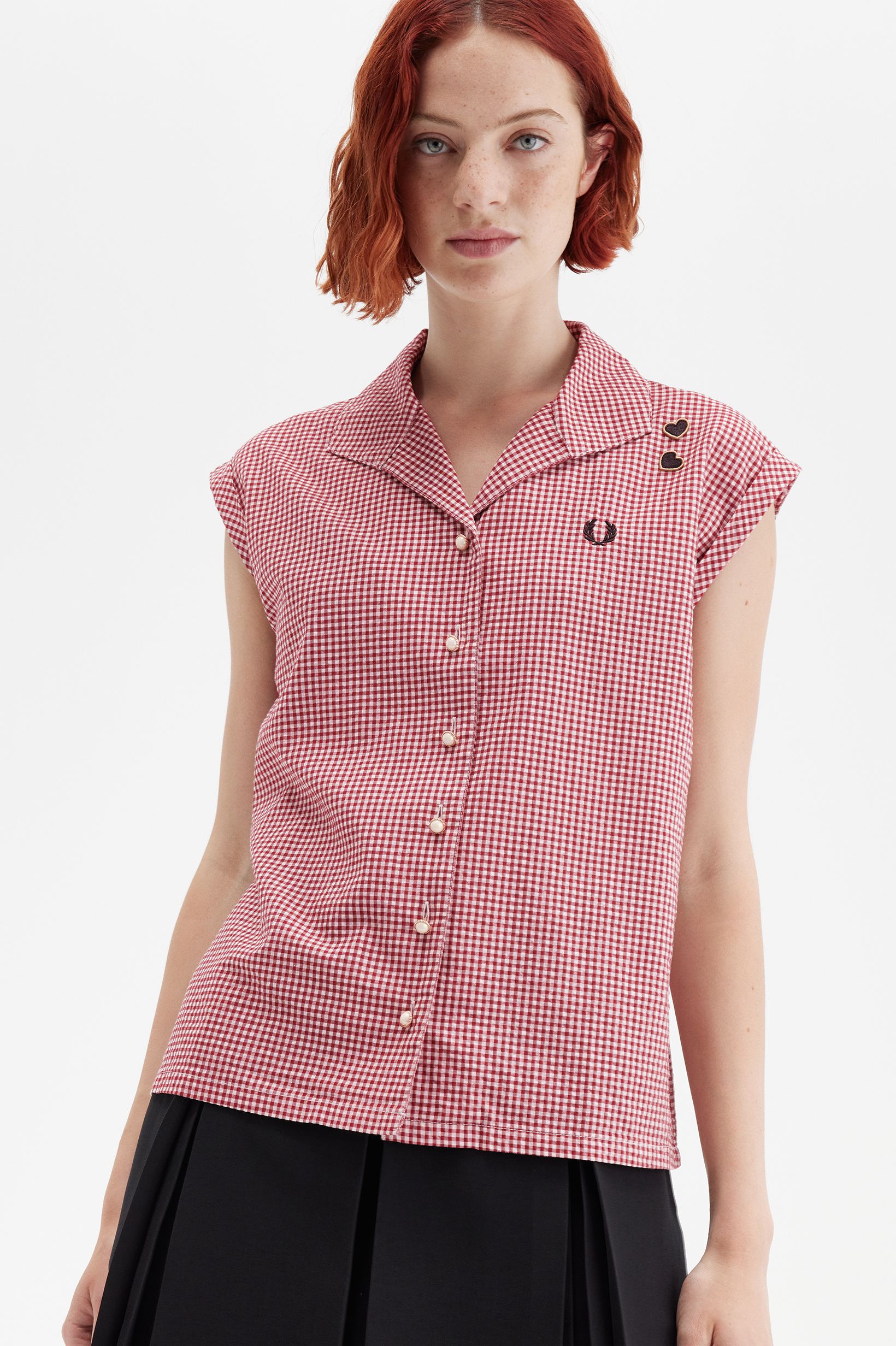 Fred Perry Amy Winehouse Open Collar Gingham Shirt in Burnt Red