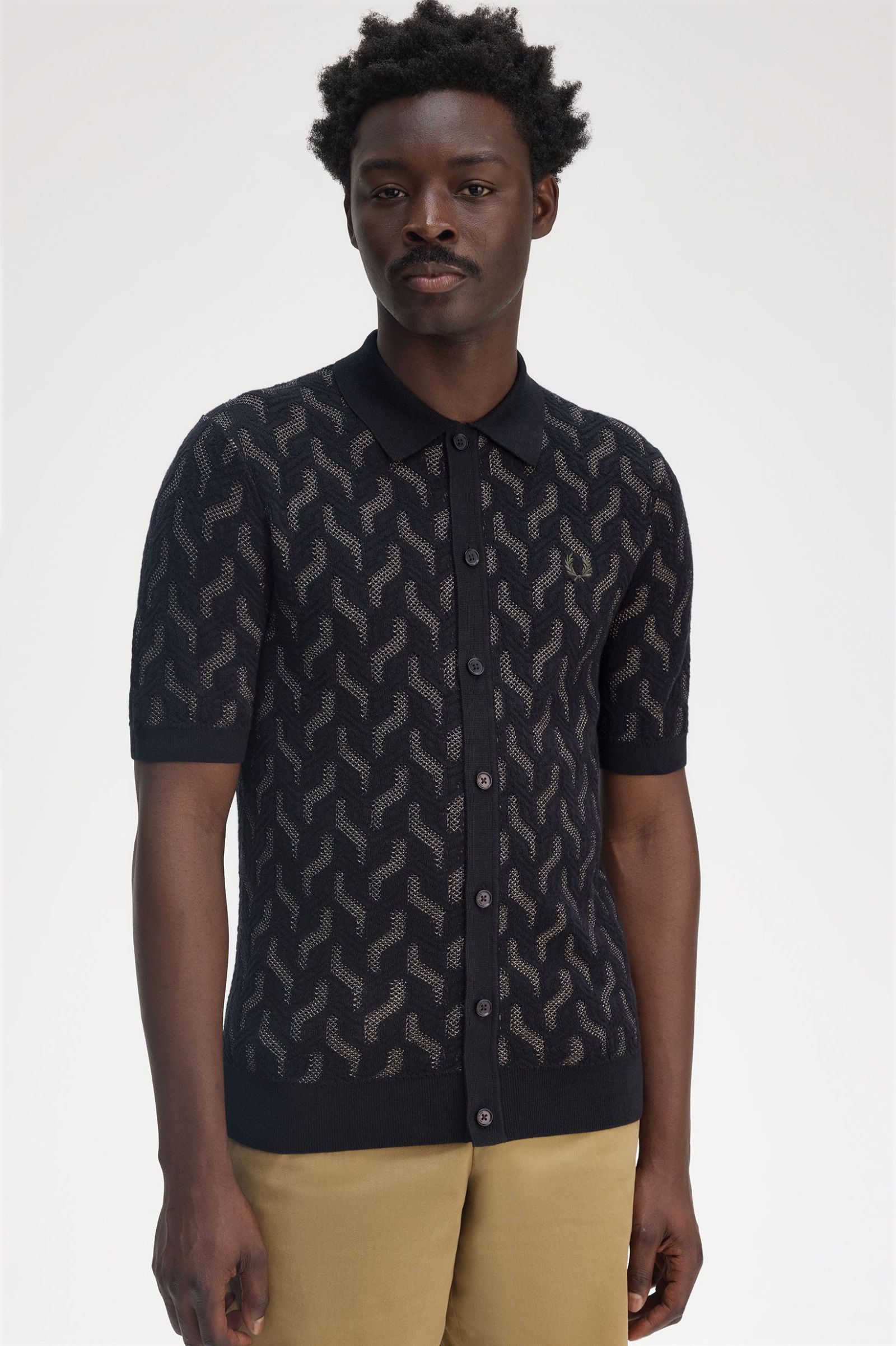 Fred Perry Pointelle Cable Knitted Shirt in Black