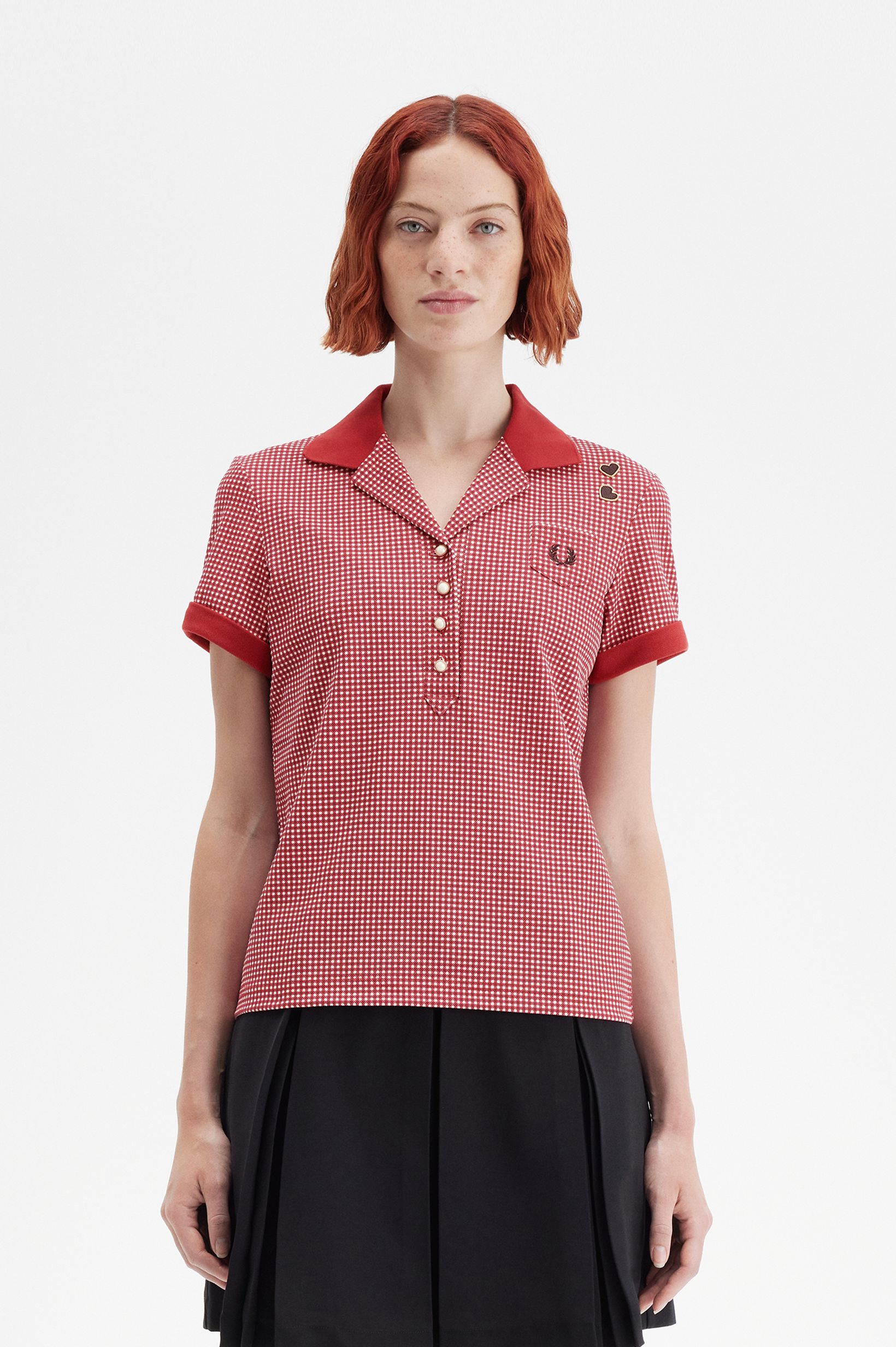 Fred Perry Amy Winehouse Gingham Print Polo Shirt in Burnt Red