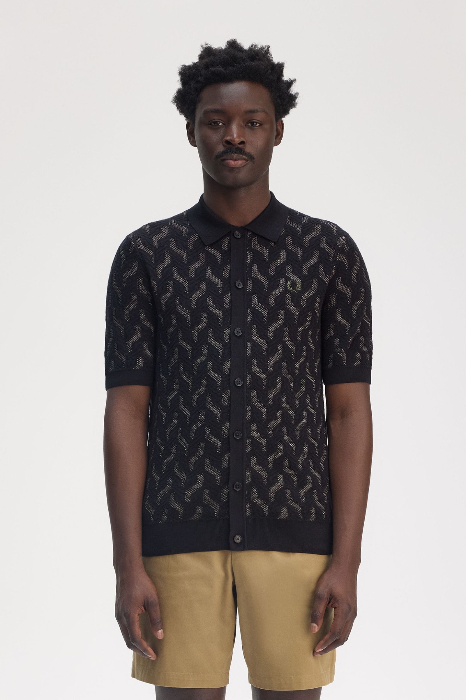 Fred Perry Pointelle Cable Knitted Shirt in Black