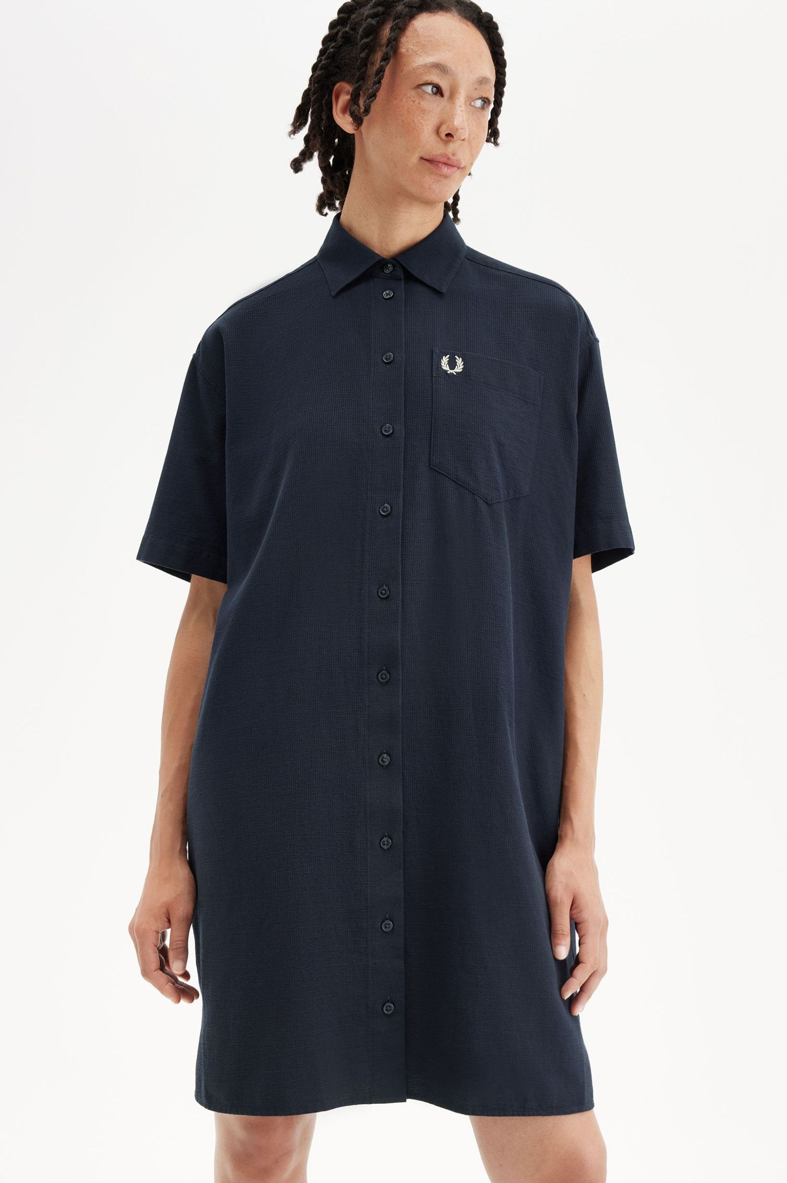 Fred Perry Seersucker Shirt Dress in Navy