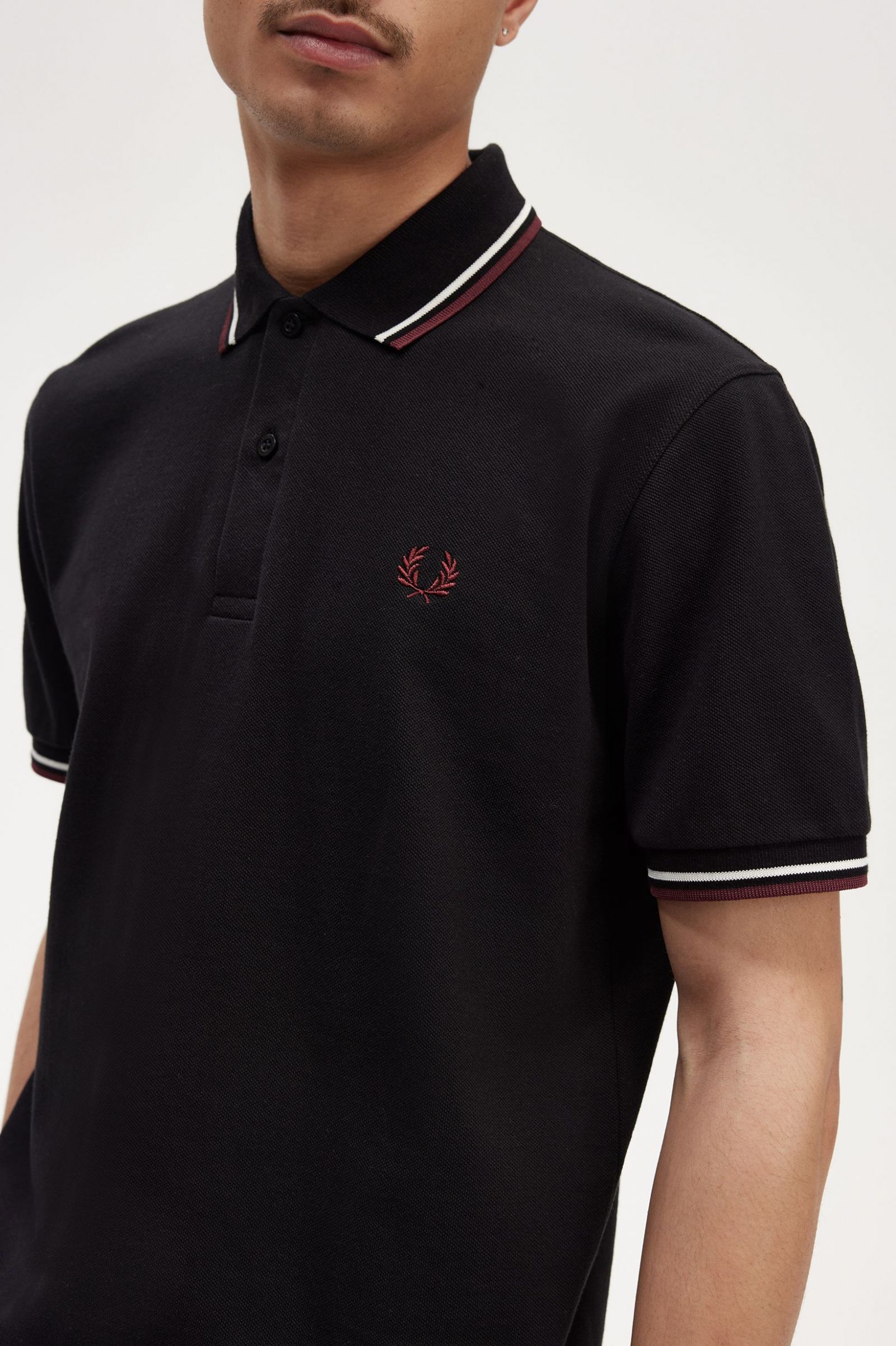 Fred Perry Made in England M12 Twin Tipped Shirt in Black/Ecru/Oxblood