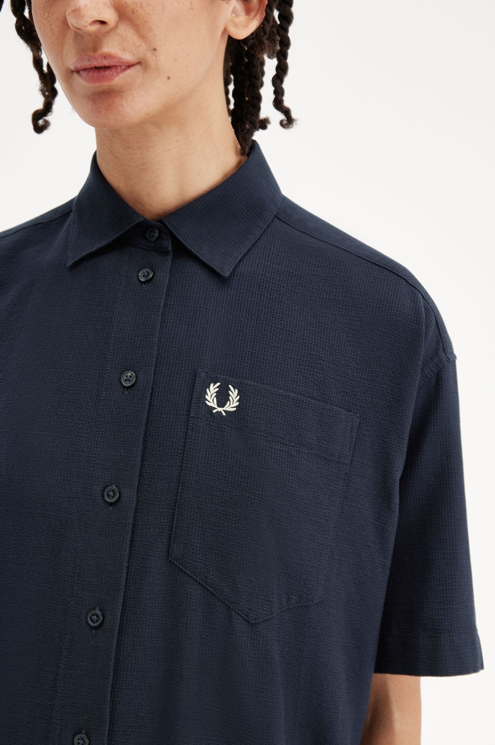 Fred Perry Seersucker Shirt Dress in Navy