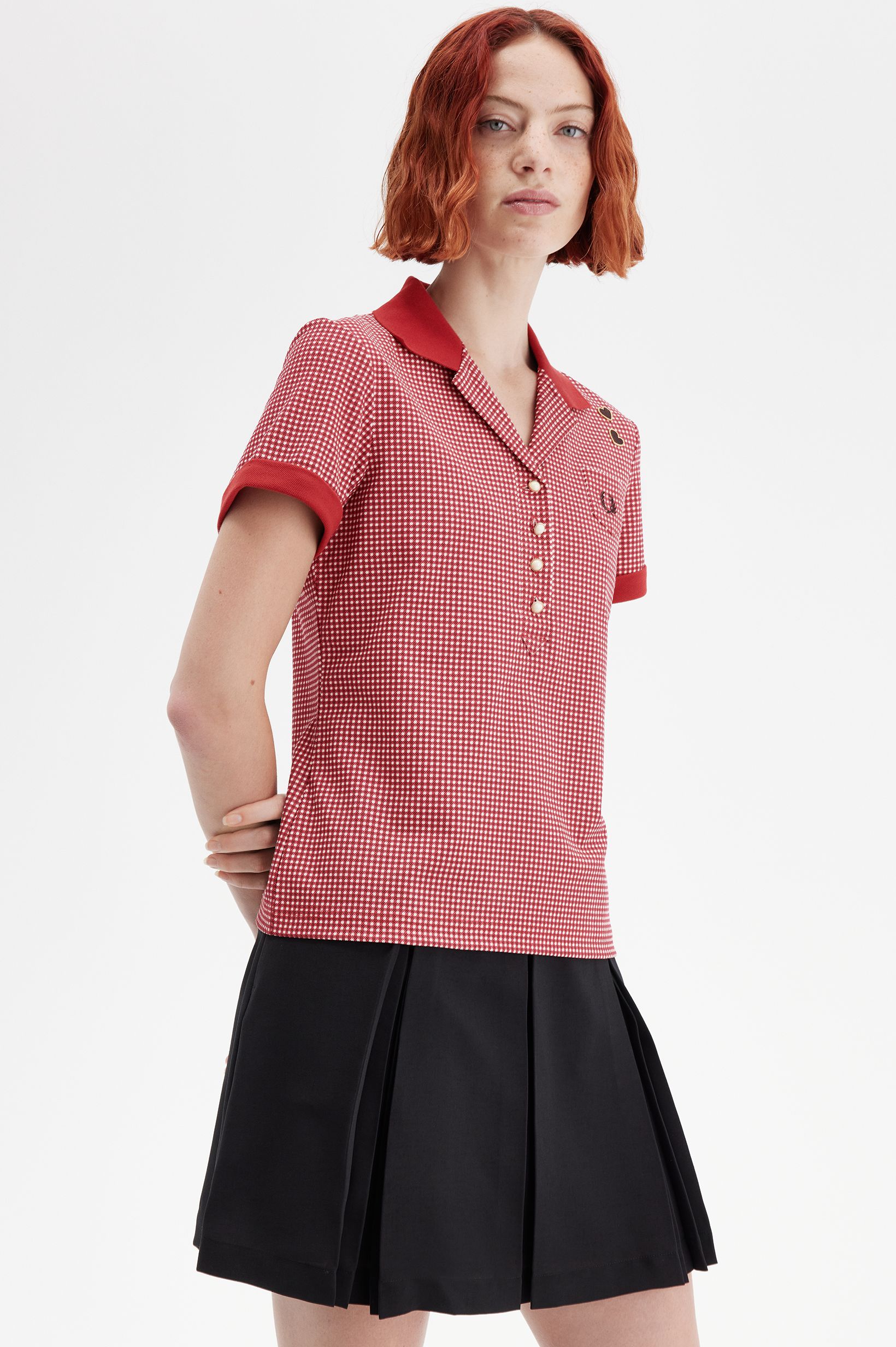 Fred Perry Amy Winehouse Gingham Print Polo Shirt in Burnt Red